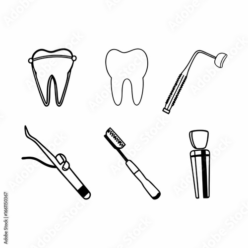 Dental care icons set with tooth, toothbrush, mirror, and other equipment isolated on white background