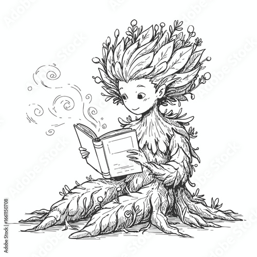 Magical Tree Spirit Reading an Enchanting Book.