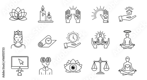 Set of minimalistic yoga and mindfulness icons on white background