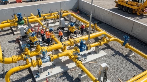 Workers Inspecting Large Industrial Gas Pipeline System with Yellow Pipes and Valves in a Construction Site