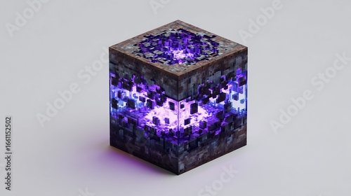 A stylized, cube-shaped block with intricate, glowing, purple interior details, resting on a plain surface