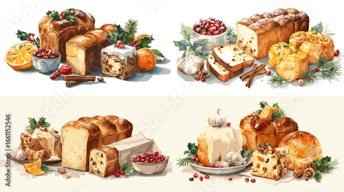 Watercolor illustration of Christmas fruit bread with dried fruits, nuts, and festive spices. Perfect for bakery menu, holiday dessert design, and winter celebration artwork.