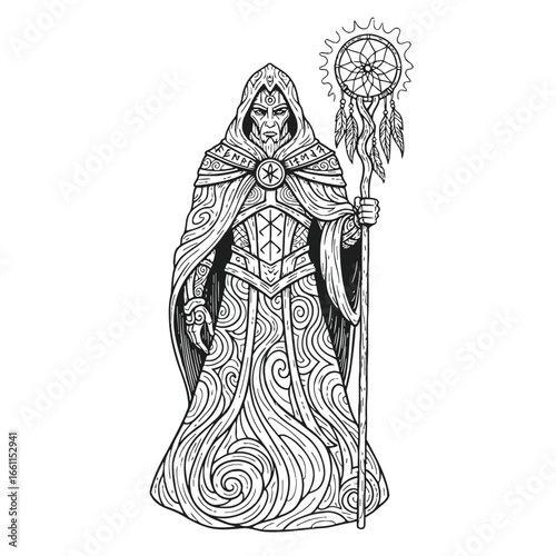 Mystical Hooded Wizard with Dreamcatcher Staff Illustration.