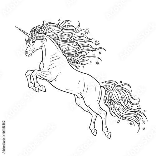 Rearing magical unicorn with a starry mane line art.