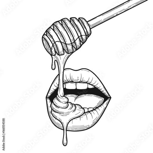 Sensual female lips tasting sweet dripping honey from a dipper.