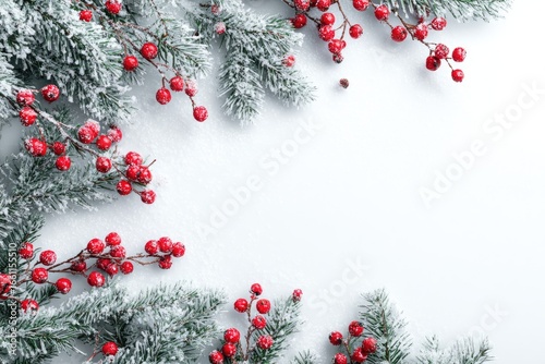 Snowy Christmas greenery border on white