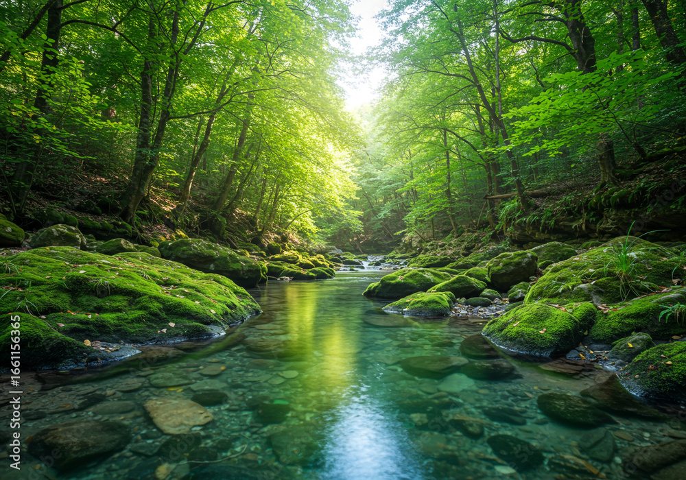 Obraz premium Tranquil Forest Stream with Sunlight Reflections – Nature Landscape