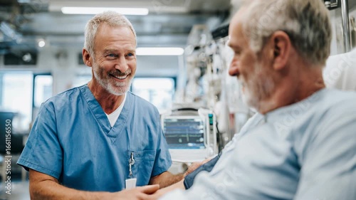 Doctor in hospital talking to elderly male patient. Both are smiling, creating a warm, friendly, and reassuring atmosphere in a medical setting.