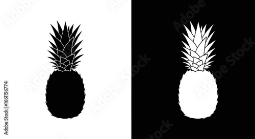 Modern black and white split-screen icon of a fresh pineapple, a minimalist graphic for a tropical-themed food or drink brand.