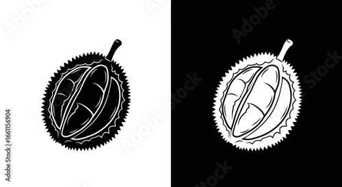 Modern black and white silhouette icon of a cut durian fruit, a symbol of exotic flavors and tropical Asian travel.