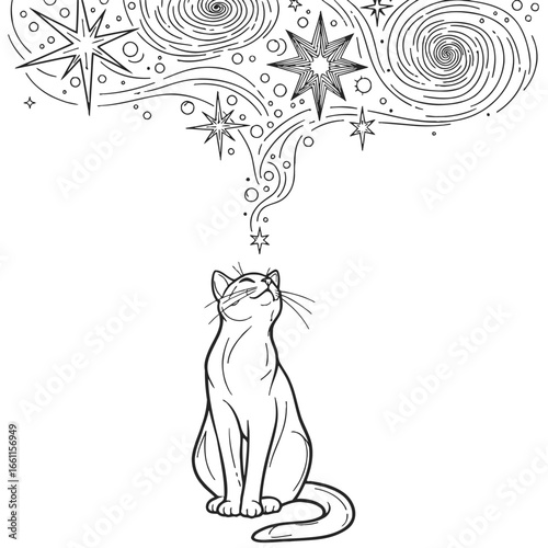 Whimsical cat gazing at a magical night sky.