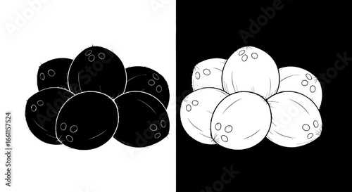 A pile of whole coconuts in a black and white split design, a vector icon for tropical beaches, healthy oils, and exotic drinks.