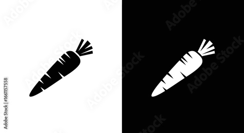 A minimalist graphic of a carrot vegetable, presented as a black icon on white and an inverted white icon on black.