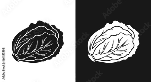 A simple graphic illustration of a Napa cabbage, presented as a black icon on a white background and its inverse white version on black.