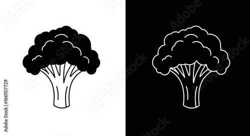 Modern line art style icon of a broccoli floret in a black and white split design, perfect for a health food blog or app.