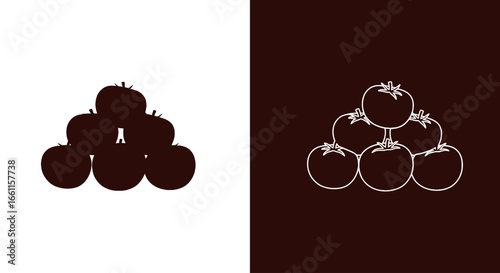 A neat pyramid stack of fresh red tomatoes in a black and white split icon, symbolizing harvest, cooking, and fresh produce.
