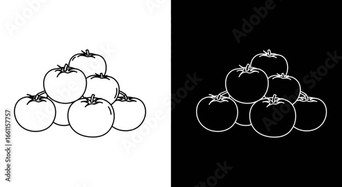 Outline style vector icon of a pyramid of tomatoes in a black and white split design, ideal for a modern culinary brand.