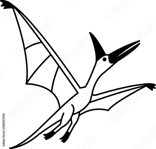 black and white isolated illustration of Pteranodon dinosaur
