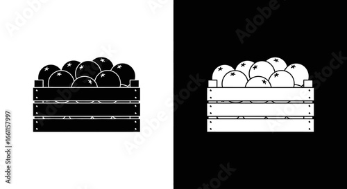 A wooden crate full of fresh apples in a black and white split icon, representing autumn harvest and the farmers' market.