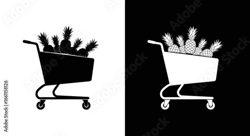 A shopping cart with a fresh vegetable inside, a black and white icon representing grocery shopping and healthy consumer choices.