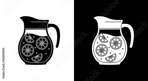 A glass pitcher of lemonade or infused water with citrus slices, a black and white icon for refreshing summer beverages.