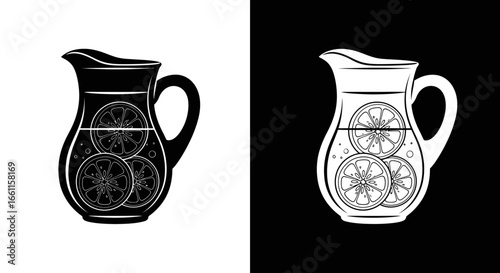 An outline style icon of a pitcher with lemonade, a clean and modern design for a cafe menu or beverage packaging.