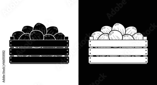 A wooden crate filled with fresh oranges or apples, a black and white icon symbolizing a bulk purchase at a farmers' market.
