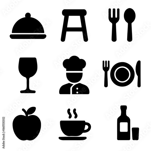 Restaurant Icon Collection: A comprehensive collection of restaurant icons, neatly organized, showcasing essential elements like cutlery, food items, beverages, and cooking essentials.
