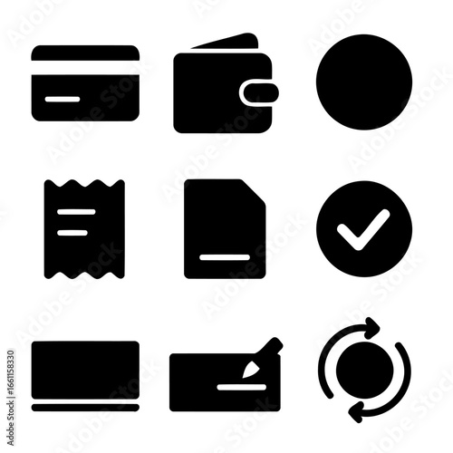 Financial transaction icon set : A graphic compilation of financial and monetary icons. Illustrating a range of transaction essentials, from credit card, wallet, receipt, document.