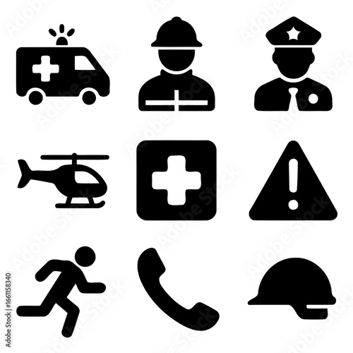Essential Service Icon Set: A compilation of essential service icons, including symbols for ambulance, firefighter, police, and emergency services, representing critical personnel and rapid response.