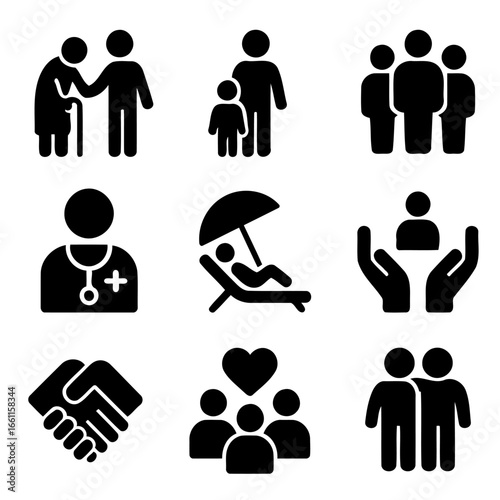 Icons of Life: A collection of elegant, flat-design icons representing the different phases of human life, from childhood to old age, depicting concepts of care, connection, and human relationships.