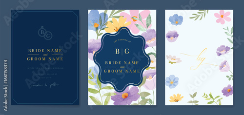 sweet elegant Blue botanical Wedding Invitation, floral invite thank you, rsvp modern card Design in leaf and flower water color texture decorative Vector elegant rustic template
