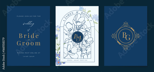 sweet elegant Blue botanical Wedding Invitation, floral invite thank you, rsvp modern card Design in leaf and flower water color texture decorative Vector elegant rustic template