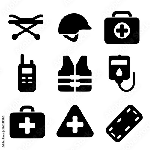 Safety First: Icons of preparedness. This stark image presents an array of emergency and safety symbols, evoking a sense of readiness and protection. The minimalist style ensures each icon stands out.