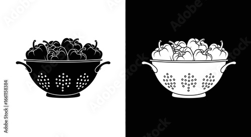 A colander full of fresh cherries or berries, a black and white icon representing washing and preparing fresh fruit.