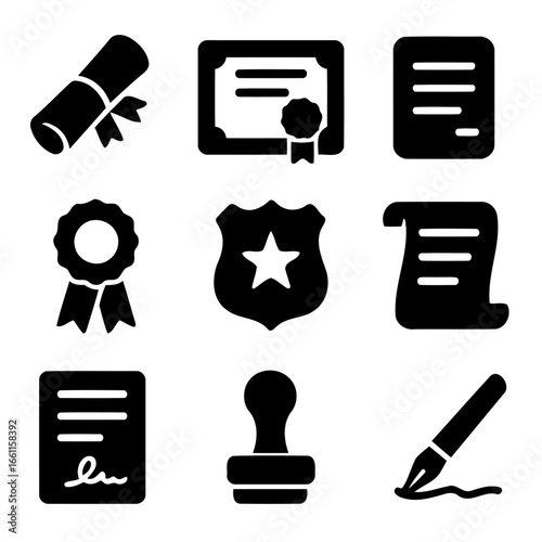 Formal Documents and Badges: A collection of essential documents and badges, ideal for representing certification, official recognition, and documentation.