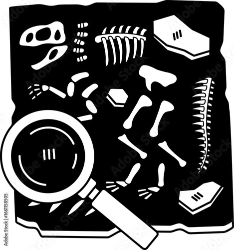 black and white isolated illustration of a Dinosaur fossils on a stone platform