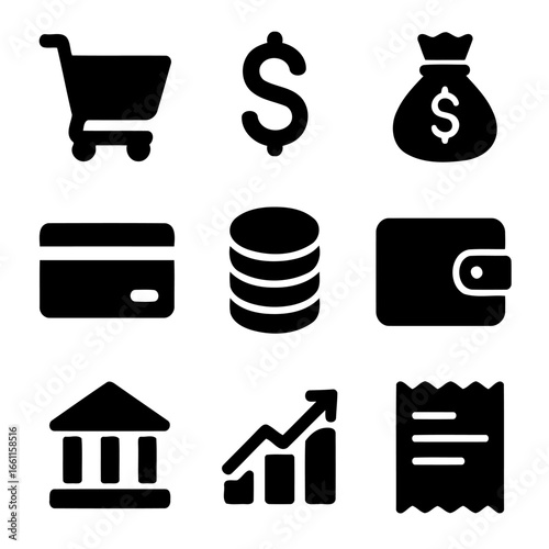 Finances Essentials Icon Set: A curated collection of finance icons, rendered in a modern, minimal style, capturing essential elements of commerce and wealth management for visual communication