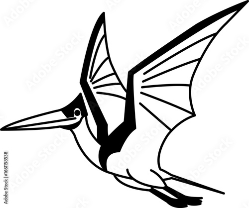 black and white isolated illustration of a Pteranodon dinosaur