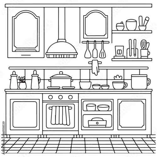 Home Kitchen with Oven, Shelves, and Cookware - Ideal for Kids’ Kitchen Coloring