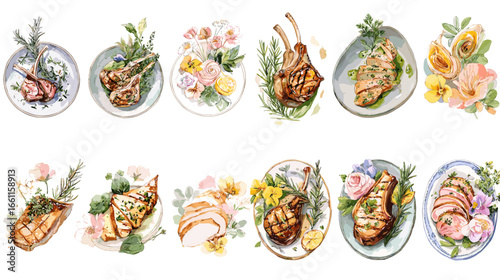Watercolor illustration of grilled meat dishes served with herbs, flowers, and lemon slices. Perfect for gourmet food design, restaurant branding, and culinary art projects.