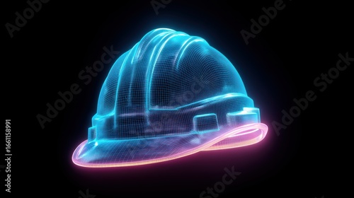 Fototapeta Naklejka Na Ścianę i Meble -  A glowing digital wireframe of a construction hard hat is displayed on a black background, symbolizing innovation and safety in construction technology
