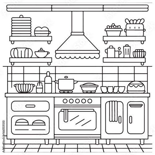 Detailed Kitchen with Shelves and Cooking Tools - Perfect for Kids’ Fun Coloring