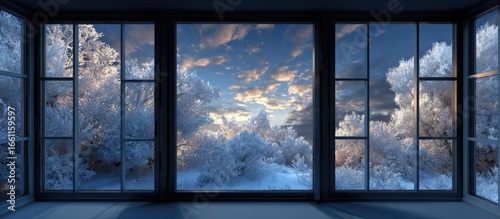 Winter wonderland view through a bay window