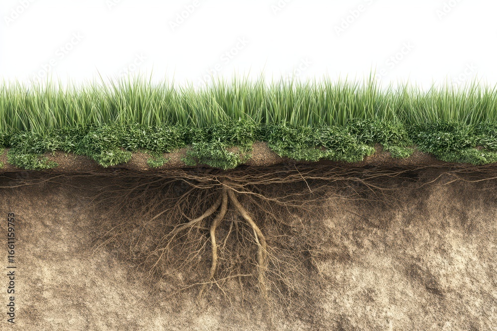 Fototapeta premium A cross-section of green grass with visible roots growing underground in rich soil against a white background