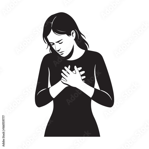Sad Woman Holding Chest – Emotional Silhouette Illustration