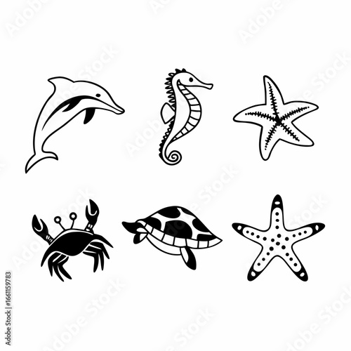 Illustration of dolphin, seahorse, starfish, crab, and turtle isolated on white background