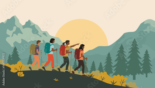 Diverse Hikers Trekking Mountain Trail at Sunset