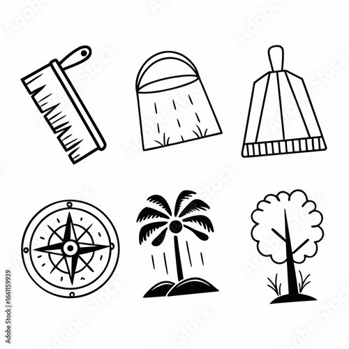 Illustration of sauna accessories, compass, and tropical tree isolated on white background