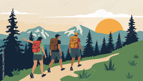 Three Hikers Ascending a Mountain Trail Towards the Setting Sun